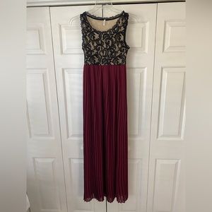 Pink Blush long flowy accordion bottom dress with lace top.